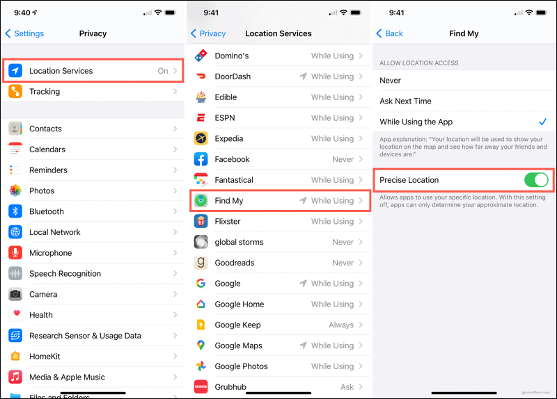 Precision Location enabled in iPhone Settings