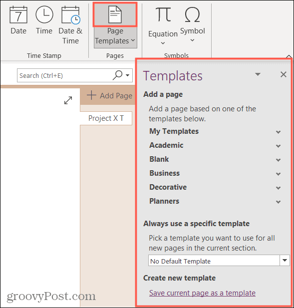 Templates Sidebar in OneNote