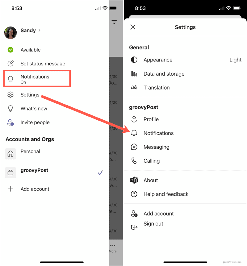 Settings, Notifications in the Microsoft Teams Mobile app