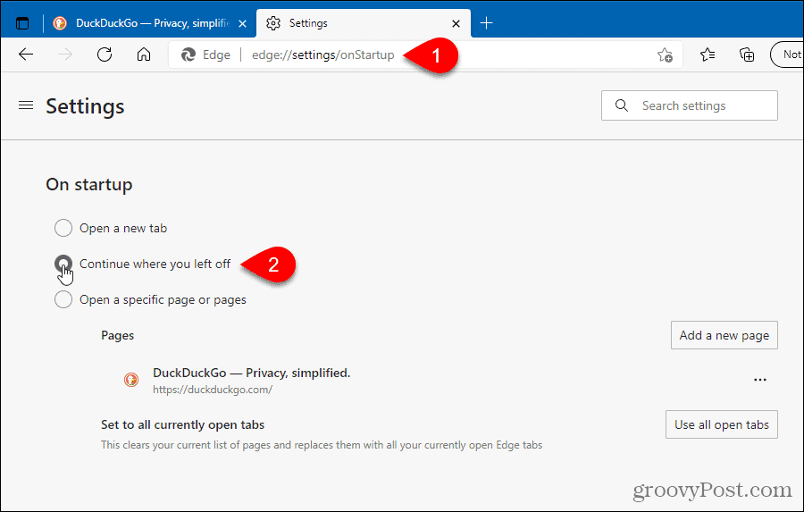 In Edge, select Continue where you left off