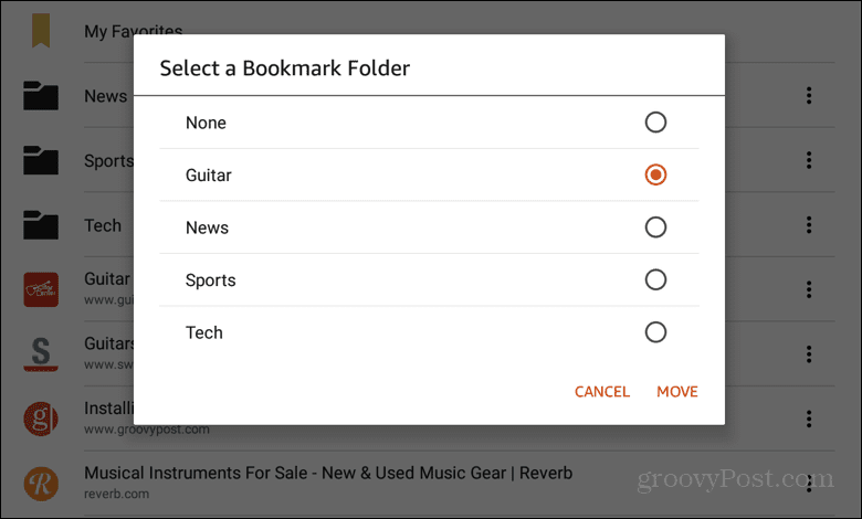 select a bookmark folder kindle fire