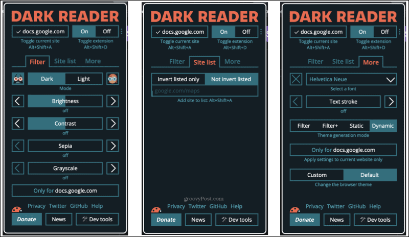 Dark Reader add-on in Firefox