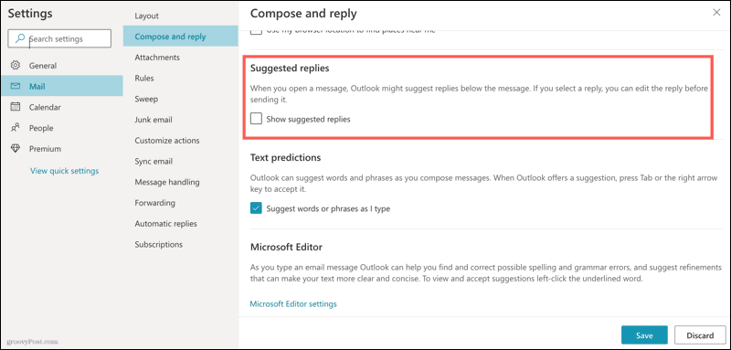 Disable Suggested Replies in Outlook on the Web