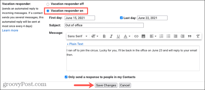 Gmail Out of Office Vacation Responder online 