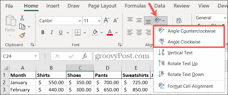 Pilih sudut orientasi di Excel untuk memutar teks