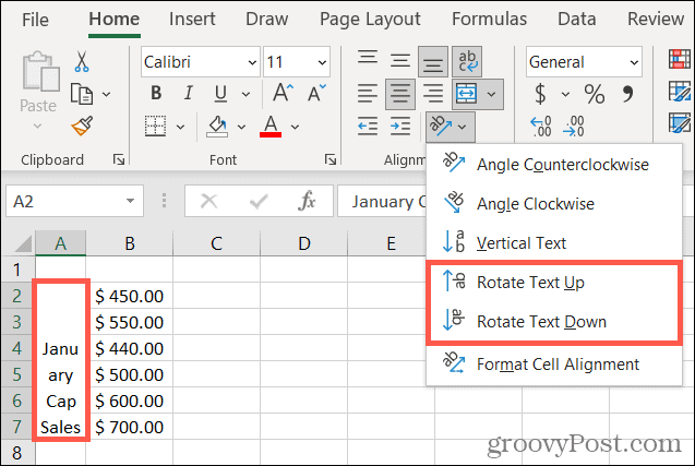 Rotate text up or down in Excel