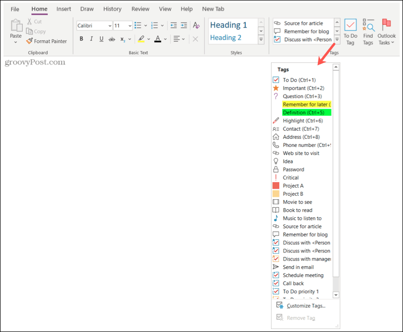 Home tab, Tags list in OneNote