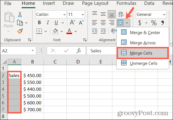 Merge cells in Excel to rotate text