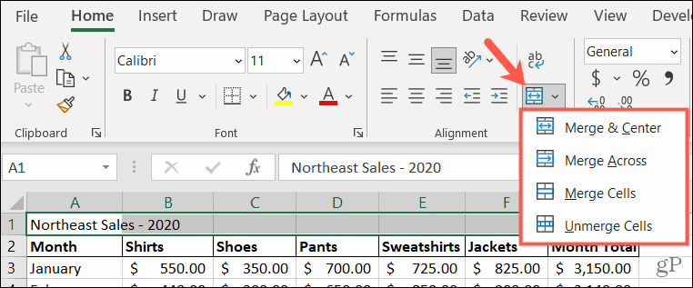 Merge options in Excel