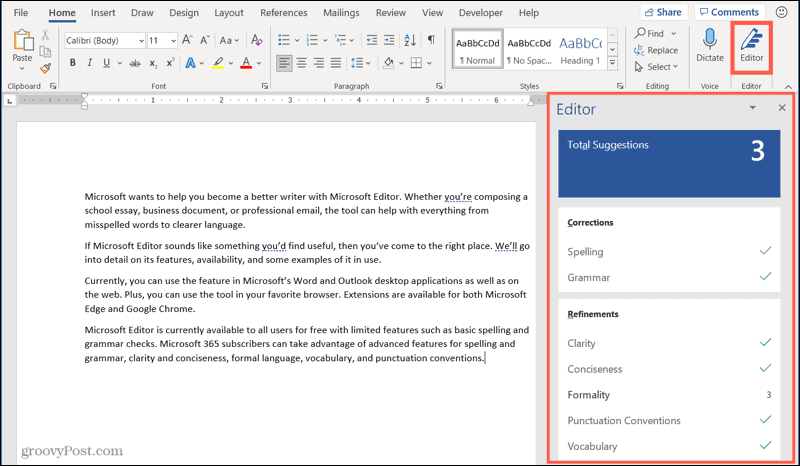 Microsoft Editor in Word on Windows