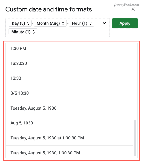 Select a premade date and time format