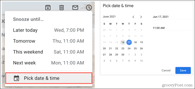 Pick a date and time to snooze Gmail