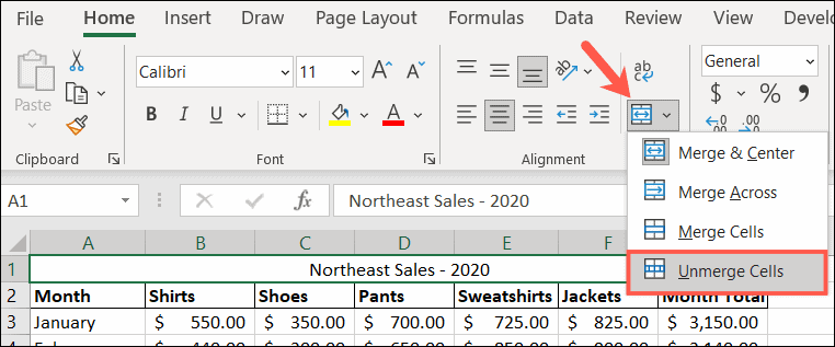 Unmerge cells in Excel
