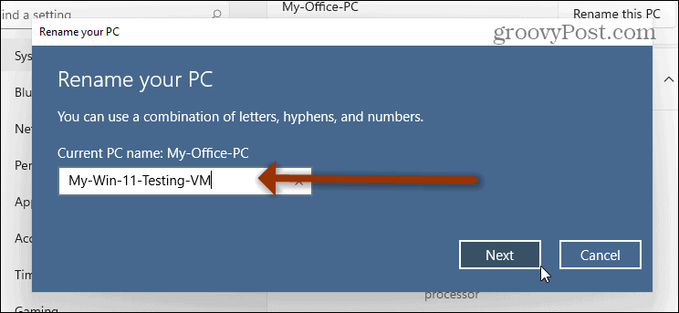 rename PC and click Next