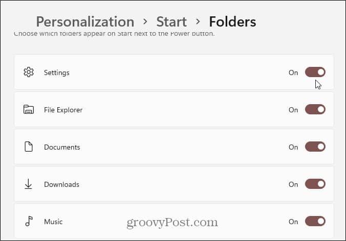 personalization start folders windows 11