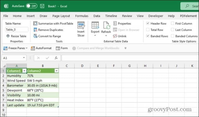 excel web query results