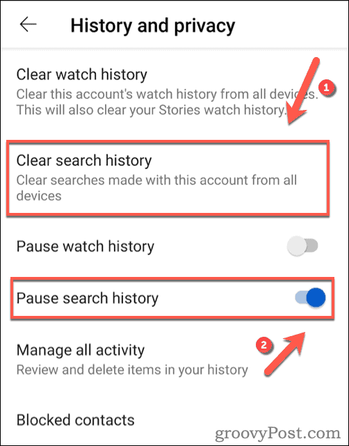 Clearing YouTube search history on Android