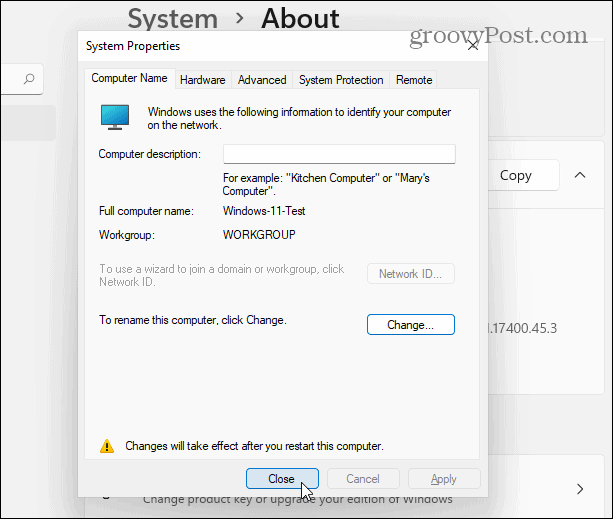Close to change name of Windows 11 PC