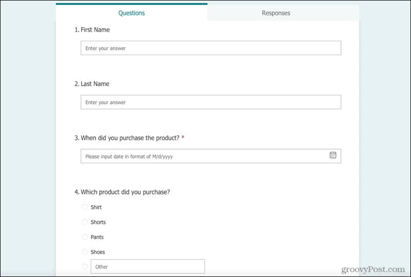 Example form in Microsoft Forms
