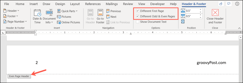 Different headers and footers in Word desktop