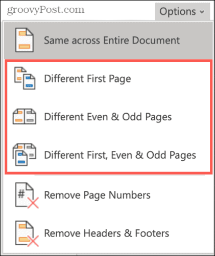 Different headers and footers in Word on the web