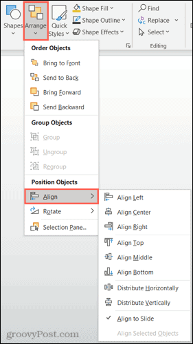 Home tab, Arrange, Align objects in PowerPoint