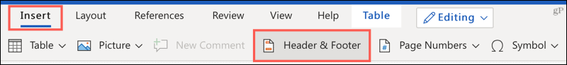 Insert Header and Footer in Word on the web
