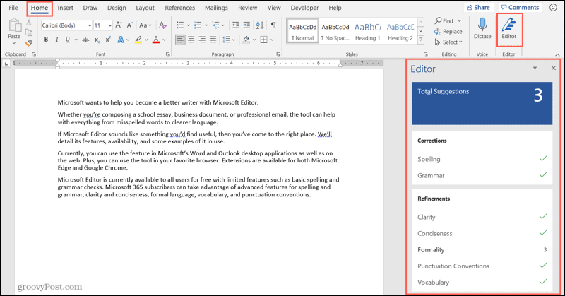 Microsoft Editor button and sidebar in Word desktop