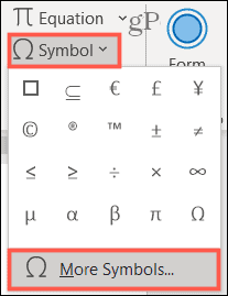 Symbol, More Symbols in Word on Windows