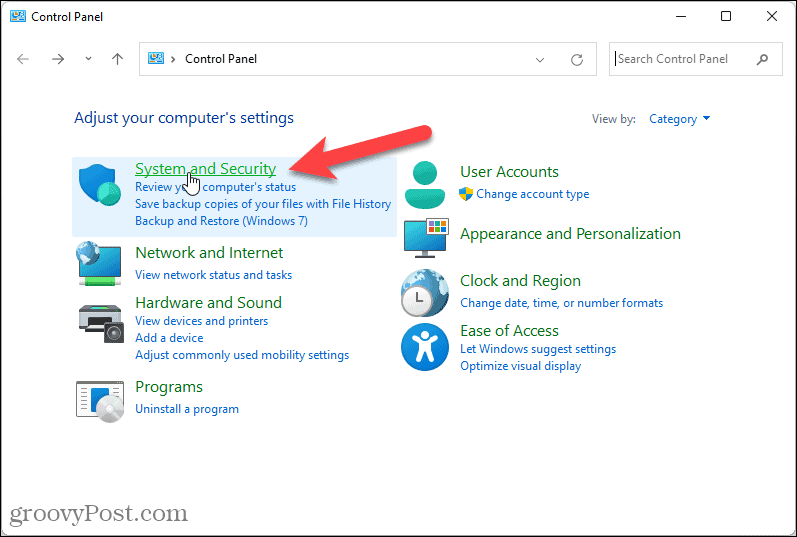 Click System and Security in Control Panel in Windows 11