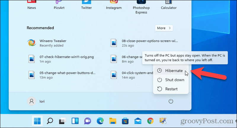 Hibernate option available on the Start menu in Windows 11
