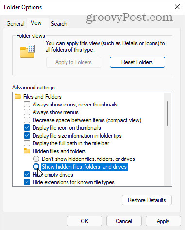 folder options show hidden OK