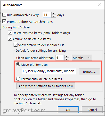 Archive location in Outlook