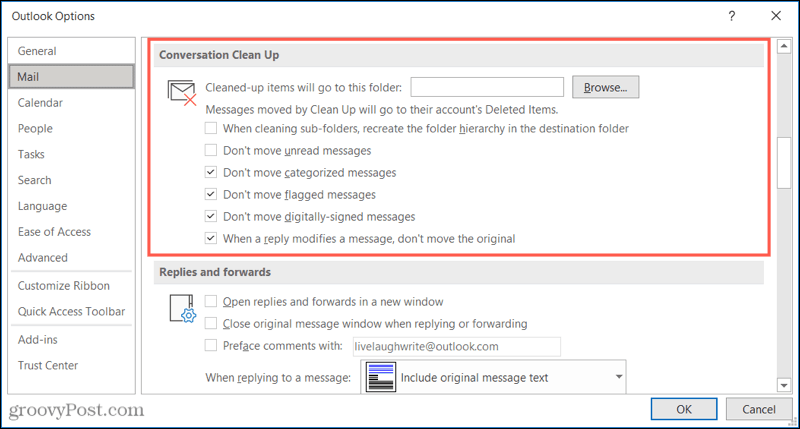 Conversation Clean Up Settings in Outlook
