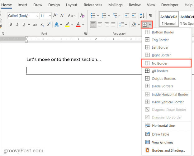 Select No Borders to Remove a Horizontal Line in Word