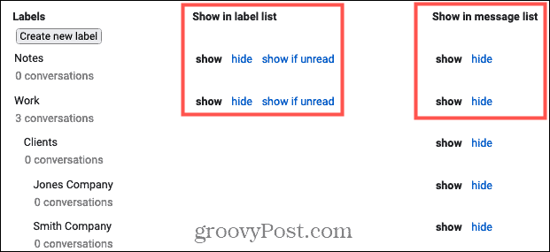 Show or Hide labels in Gmail