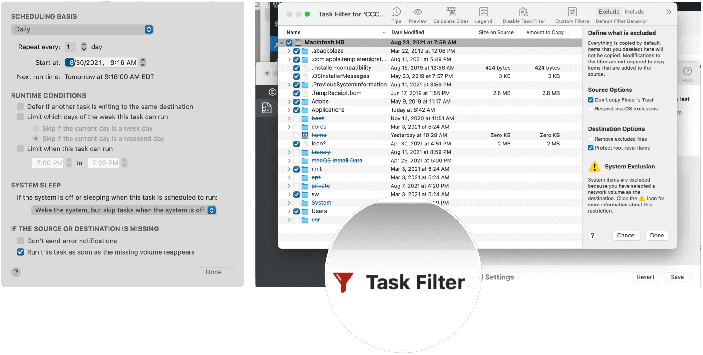 Schedule and task filter