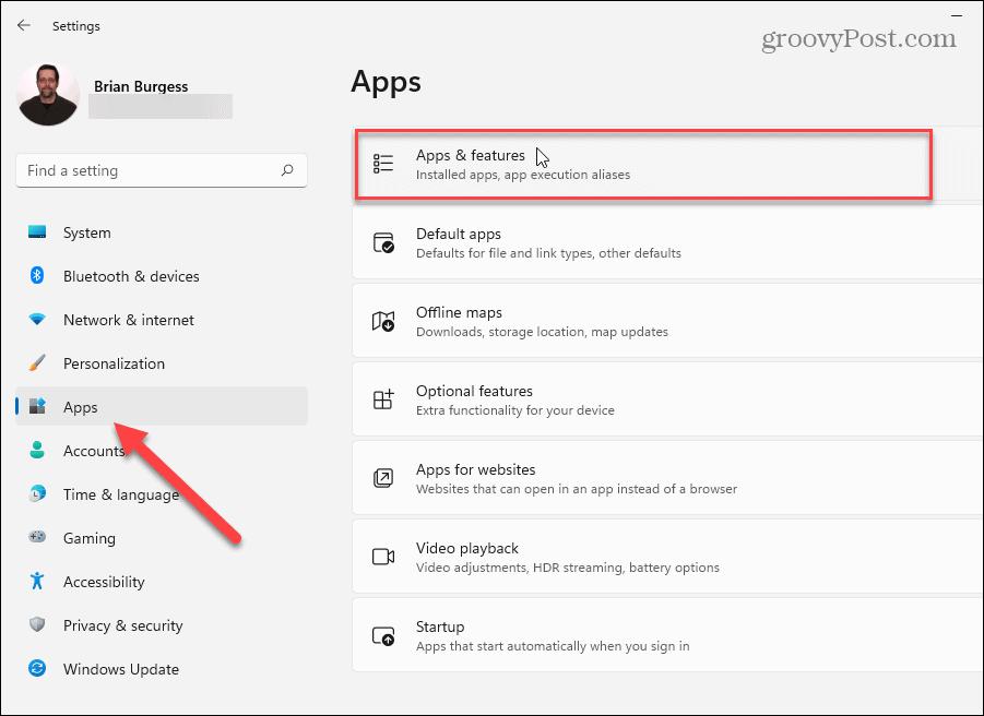 Settings apps and features windows 11
