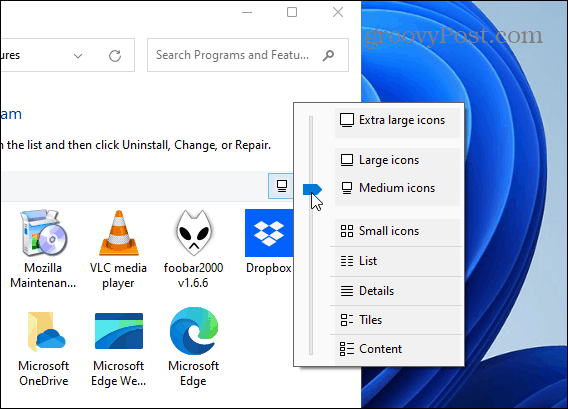 Modifier le panneau de configuration de la taille de l'icône de l'application Windows 11