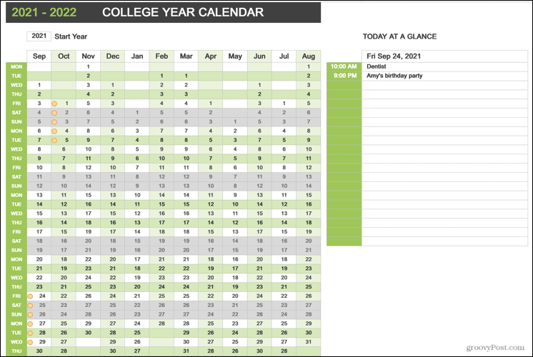 College Year Calendar