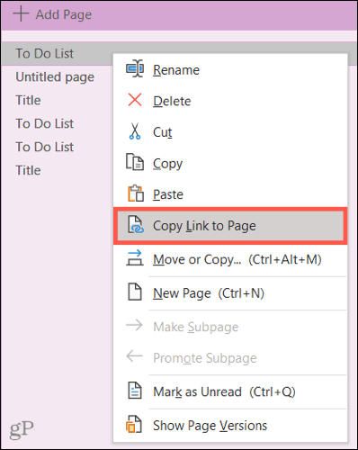 Copy a link to the page in OneNote desktop