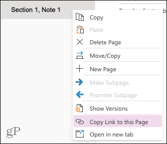 Copy a link to the page in OneNote for the web