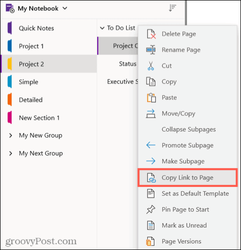 Copy a link to the page in OneNote for Windows 10
