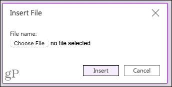 Choose a file to insert in OneNote for the web