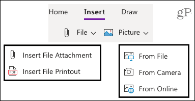 Insert tab in OneNote for the web