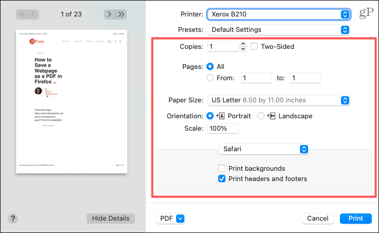 Paramètres d'impression pour PDF dans Safari