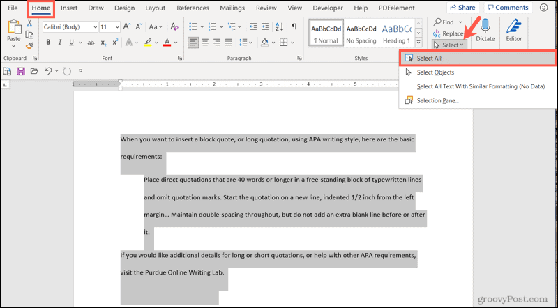 Select all content to duplicate a page in Word