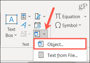 Select Object to embed a file in Word