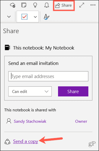 Send a copy of a note in OneNote for Windows 10