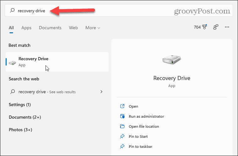 search recovery drive windows 11